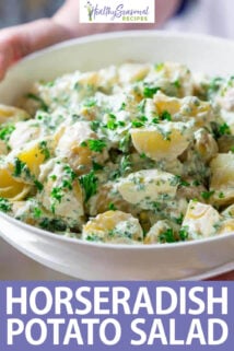 potato salad with herbs in white bowl text overlay