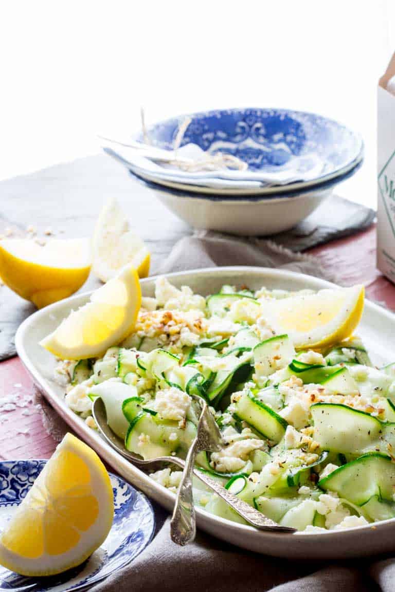 This Raw Zucchini Ribbon Salad with Hazelnuts and Feta is fresh and lovely summer salad that will use up a ton of zucchini from your garden and it’s ready in just 15 minutes! | Healthy Seasonal Recipes | Katie Webster