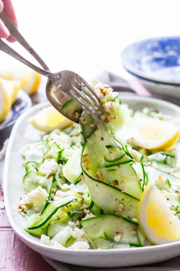 This Raw Zucchini Ribbon Salad with Hazelnuts and Feta is fresh and lovely summer salad that will use up a ton of zucchini from your garden and it’s ready in just 15 minutes! | Healthy Seasonal Recipes | Katie Webster