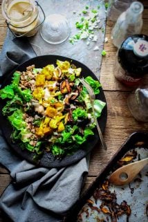 These Turmeric Roasted Cauliflower and Tempeh Power Salads make a delicious and filling vegan lunch or dinner. They have 10 hunger-busting grams of fiber, 12 grams of plant-based protein and only 322 calories each! Healthy Seasonal Recipes | Katie Webster