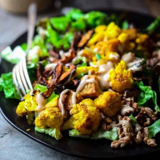Turmeric Roasted Cauliflower and Tempeh Power Salads close up from the side