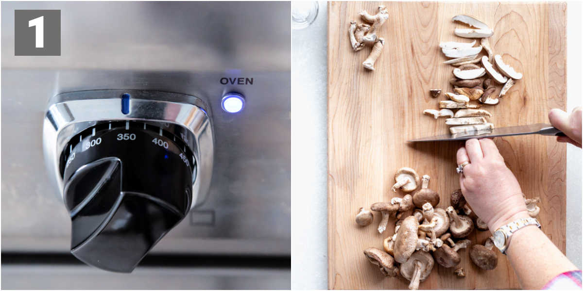 Left Side: Oven dial turned to a 2 o'clock position and a white light is 'on' next to it. Right side: shiitake mushrooms being sliced by hand and knife on a wooden chopping board.