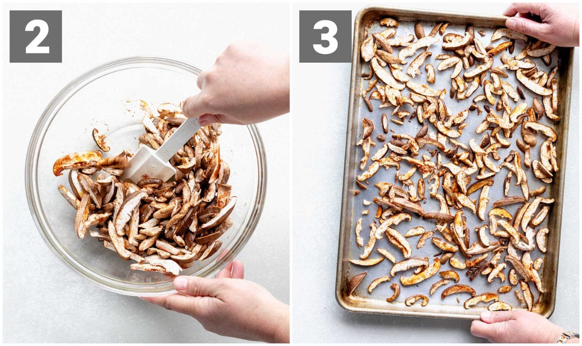 Left: Sliced shiitake mushrooms in a glass bowl being stirred. Right: sliced mushrooms on an oven tray.