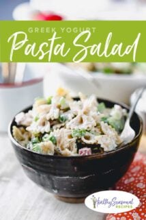 side view of pasta salad in a black bowl