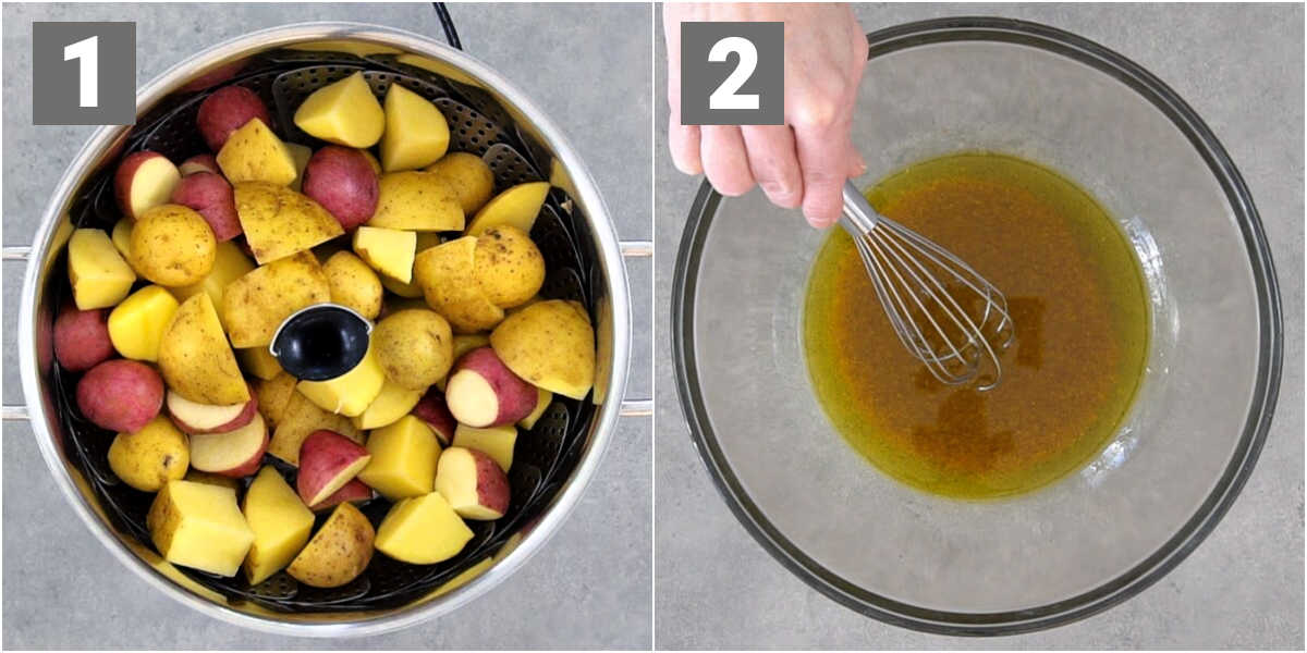 steam potatoes and mix dressing