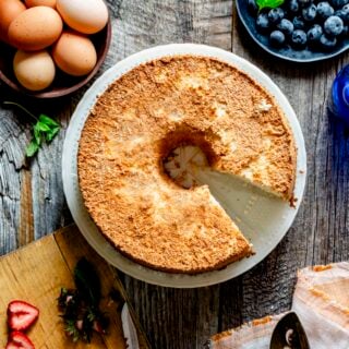the angel food cake from overhead, with one slice removed