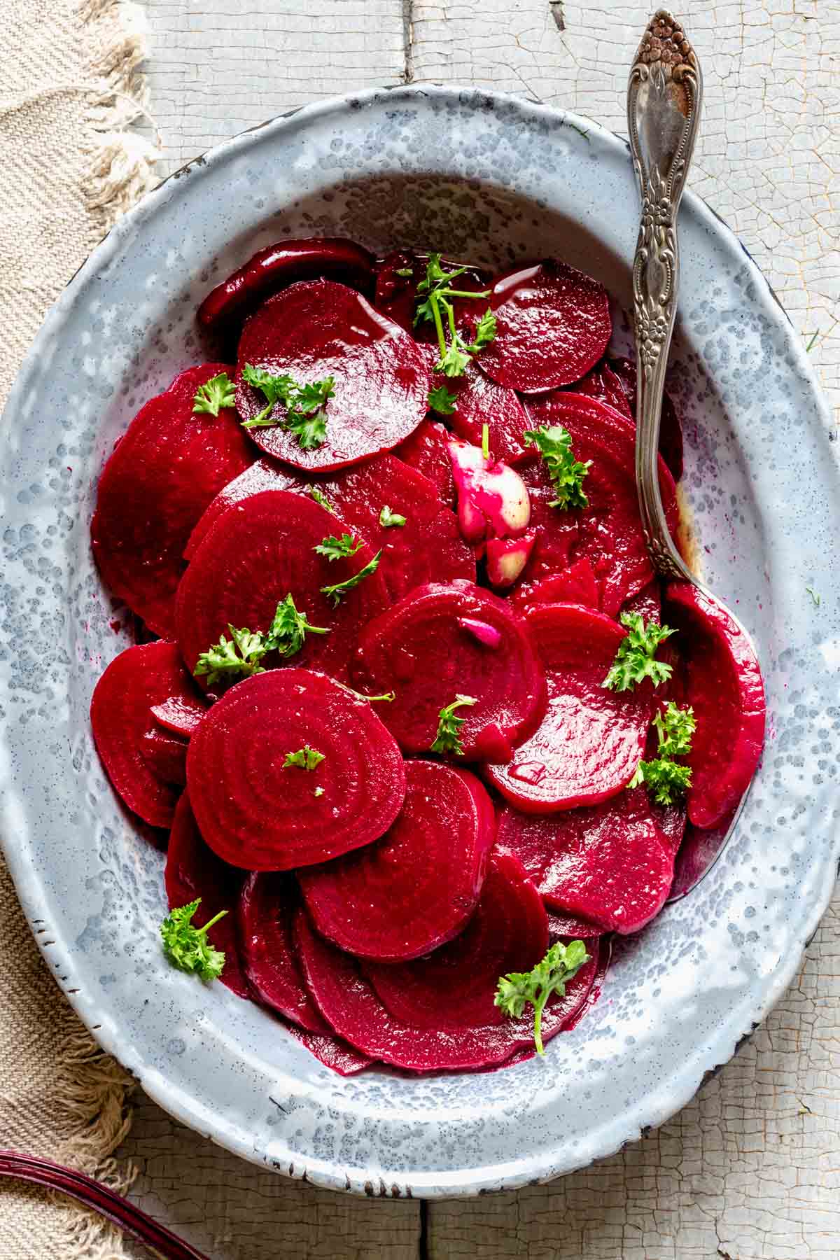 overhead of pickled beets in a bowl