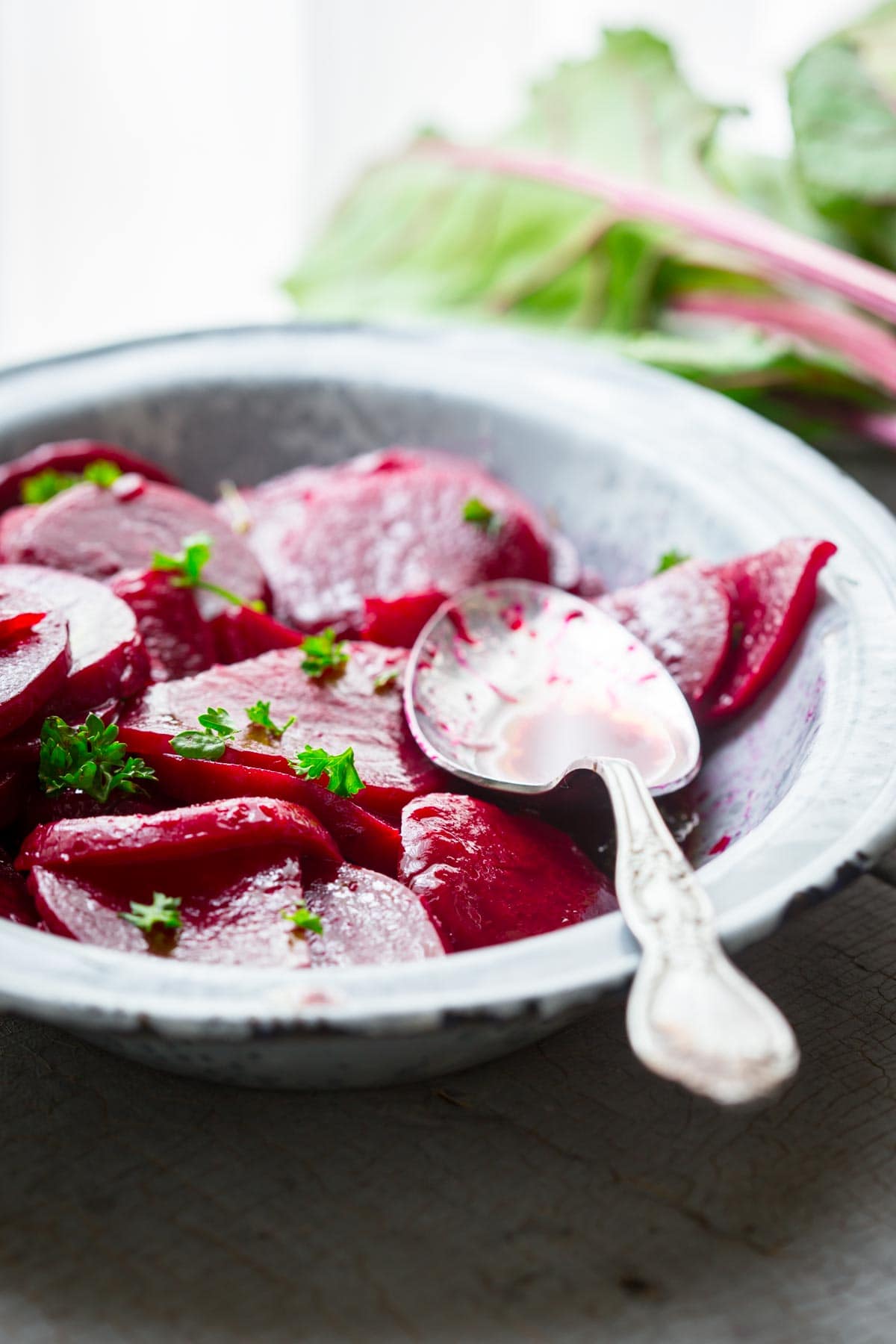pickled beets in a blue metal dish
