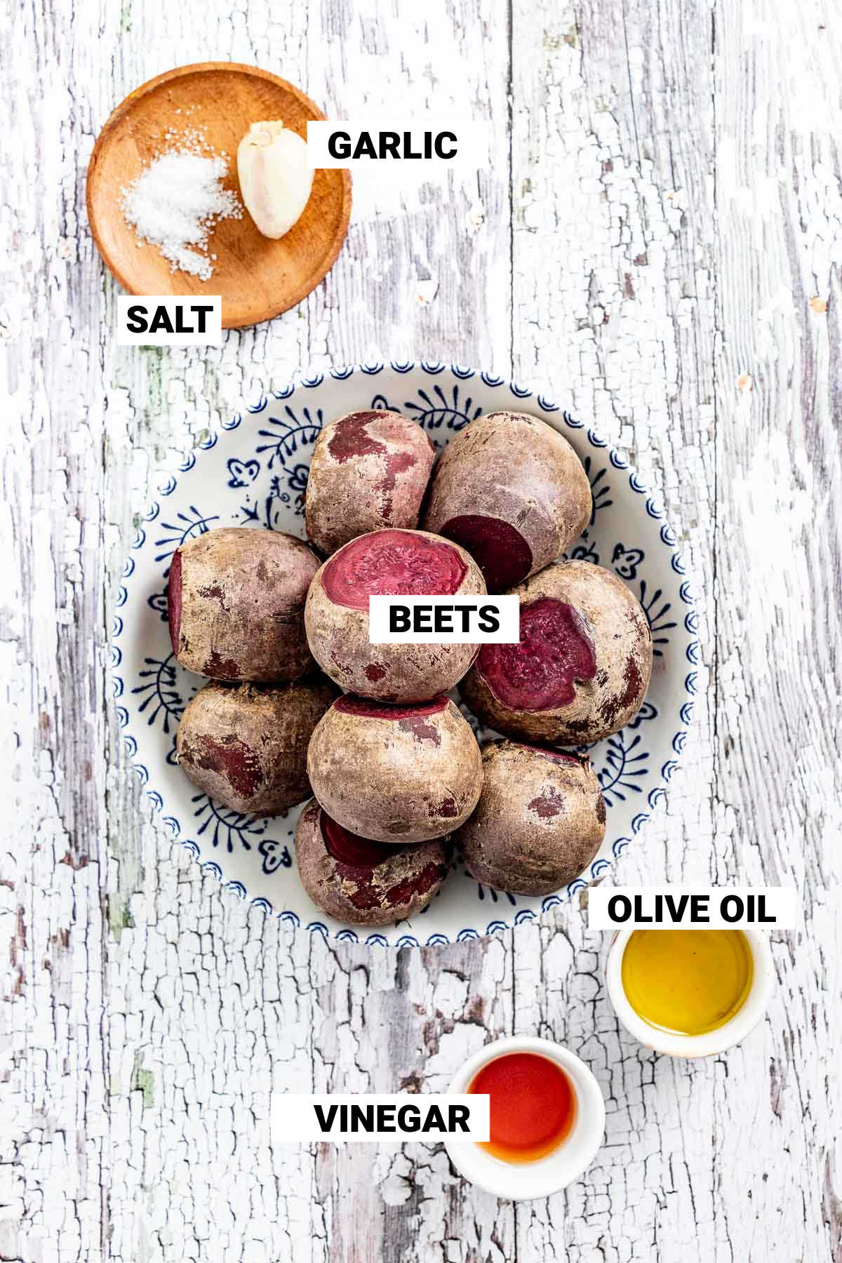 the beets and vinaigrette ingredients with text overlay