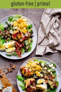 Cobb Salad with Peaches and Grilled Corn on the Cob text overlay