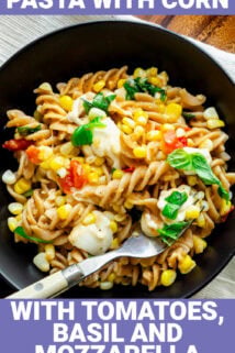 the corn pasta in a black bowl from overhead, closeup with text overlay