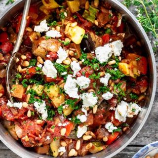 an overhead of a pot of ratatouille
