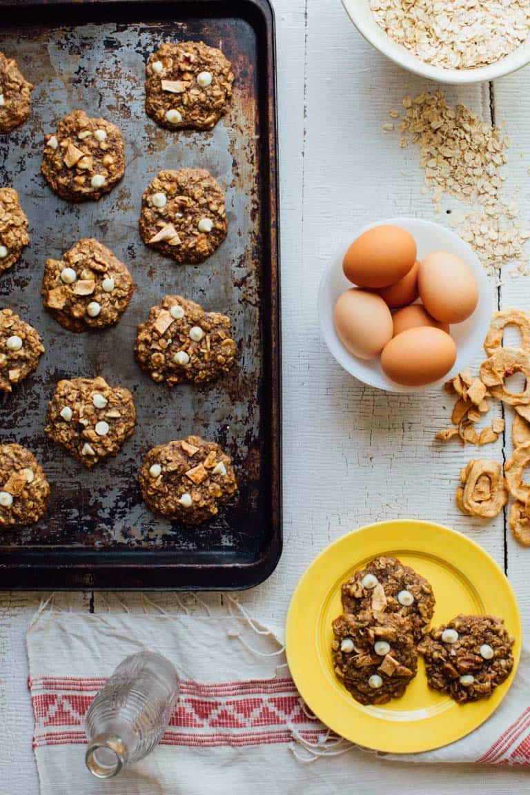 Chewy Oatmeal cookies, with white chocolate chips, walnuts and chunks of dried apple rings added in for a fall twist! | Healthy Seasonal Recipes | Katie Webster