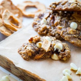 Chewy Oatmeal cookies, with white chocolate chips, walnuts and chunks of dried apple rings added in for a fall twist! | Healthy Seasonal Recipes | Katie Webster