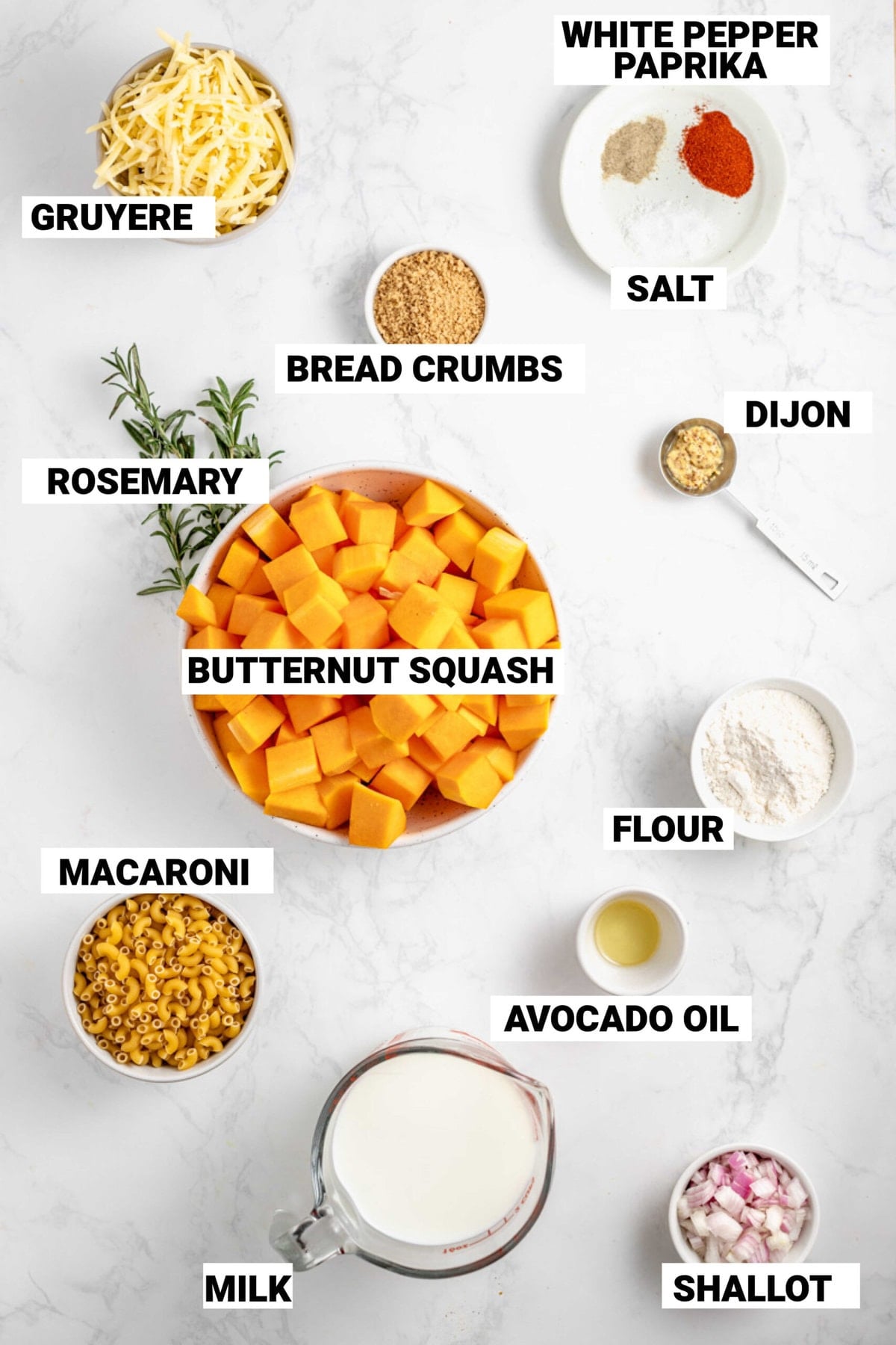 the ingredients for the mac and cheese with squash with text overlay labels