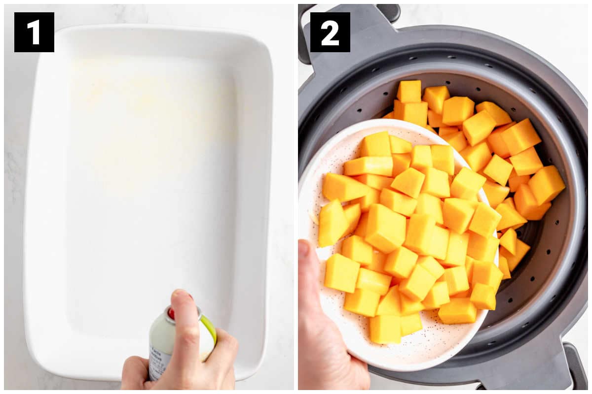 coating the baking dish with cooking spray and steaming the squash