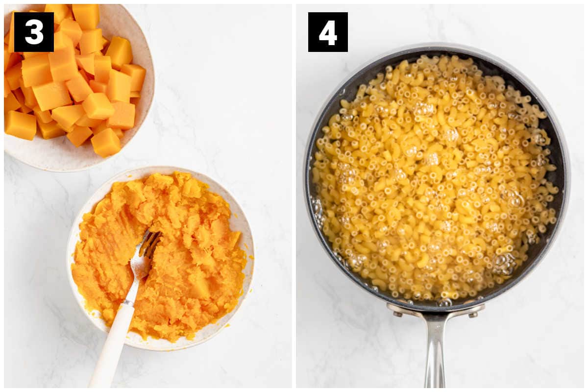 mashing half the squash and boiling the macaroni