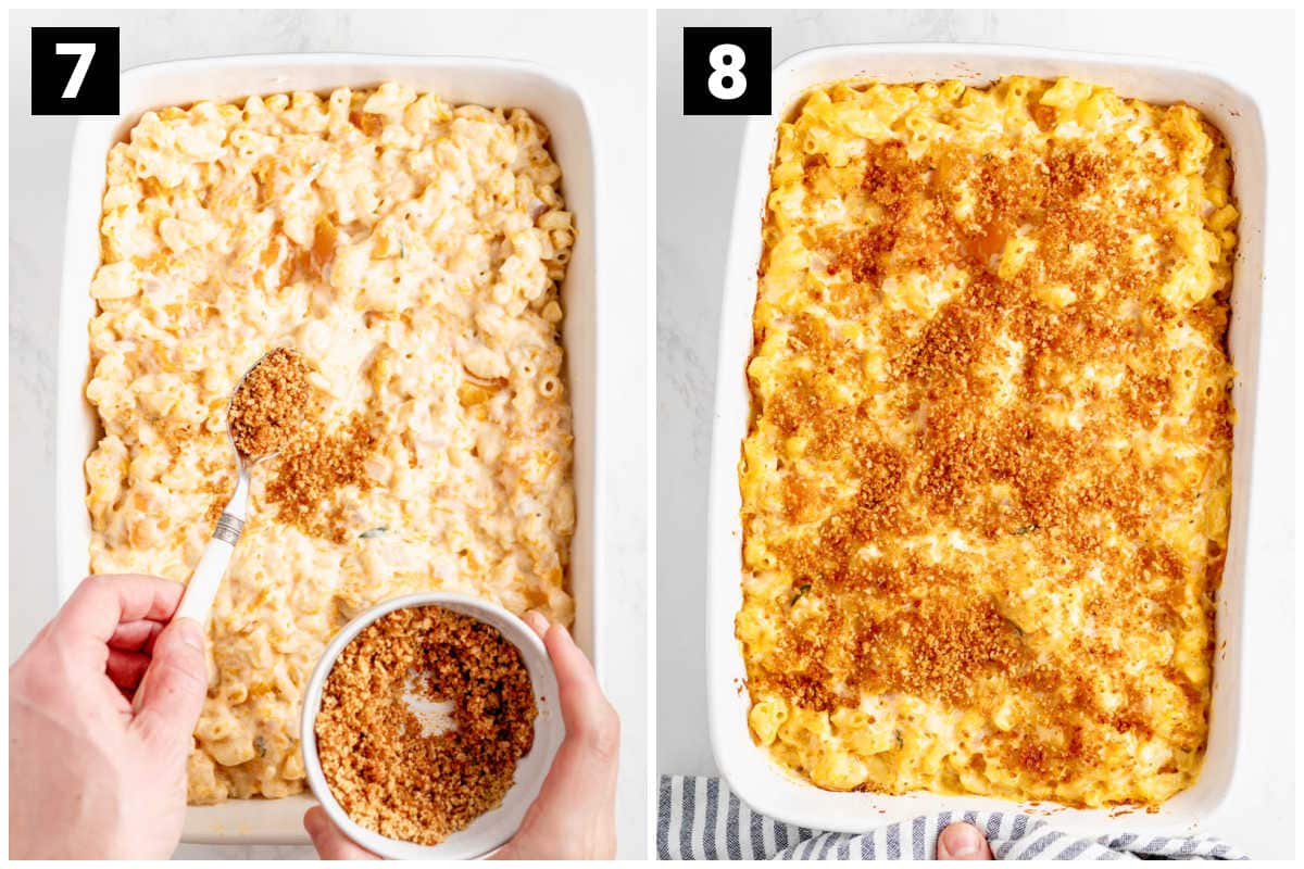 topping the mac and cheese with breadcrumbs and then after it is baked