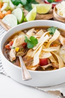 close up of bowl of soup with spoon on a white and blue cloth