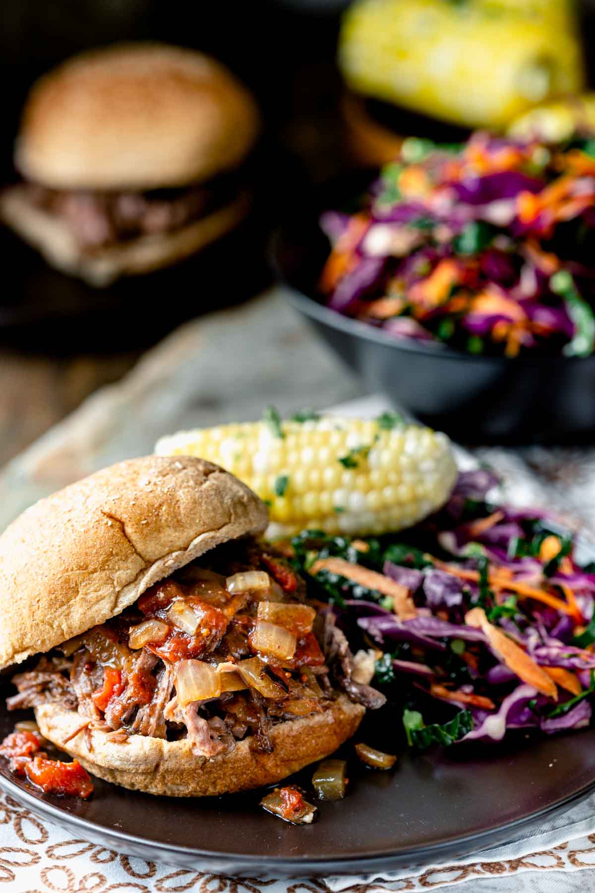 a bun piled high with shredded beef