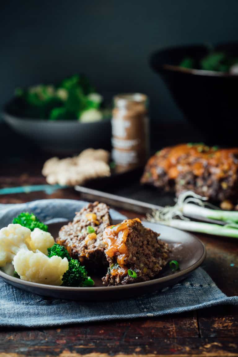 Chinese meatloaf on a brown plate