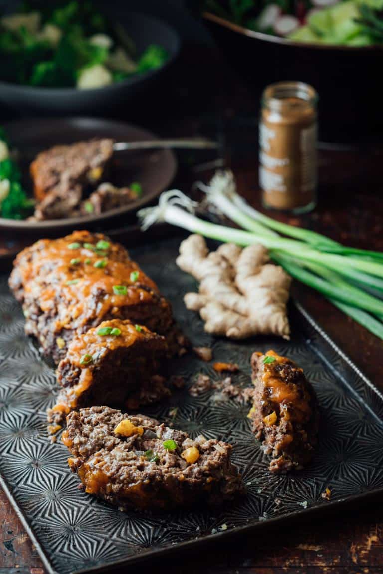 5 Spice Meatloaf with Apricot Ginger Glaze on a serving platter