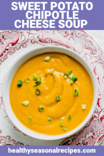 orange pureed soup in a white bowl from overhead with scallions on top