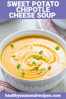 orange pureed soup in a white bowl from side with scallions on top