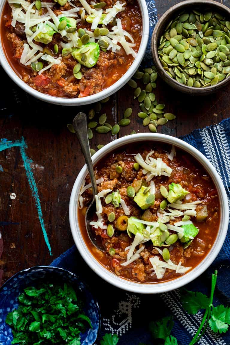 Picadillo Turkey Chili with Quinoa in a bowl