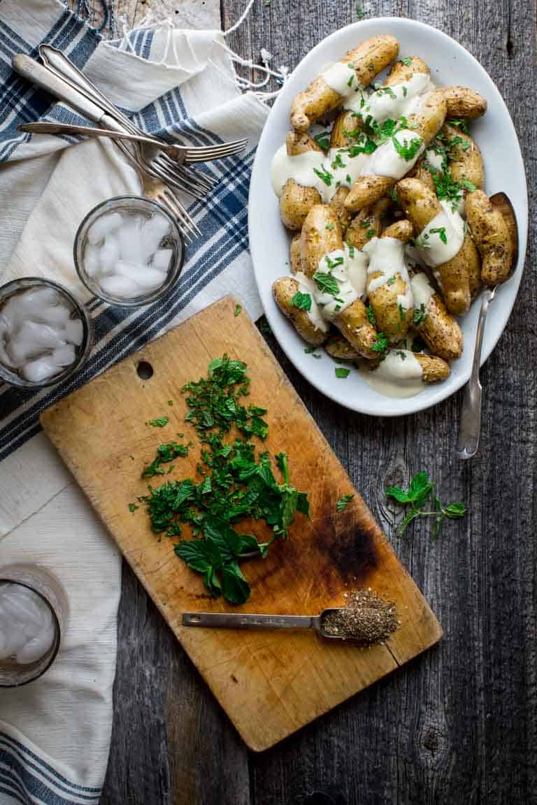 Tahini Potatoes in a serving plate