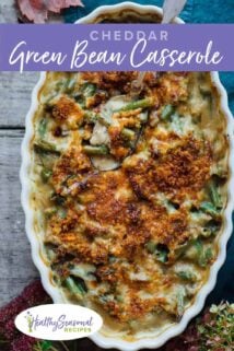 a spoonful of green bean casserole with text overlay