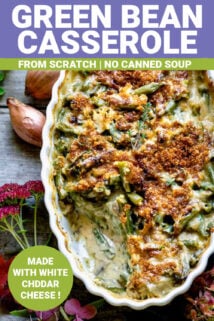 CLOSEUP OF CHEDDAR GREEN BEAN CASSEROLE IN WHITE DISH WITH TEXT