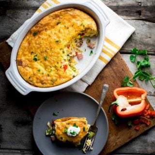 This easy and family friendly Baked Denver Omelet serves 8 and is ready in just 45 minutes! Bonus... it’s great reheated and even makes an awesome lunch or dinner. | Healthy Seasonal Recipes | Katie Webster