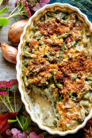 the casserole from overhead with shallots and sedum