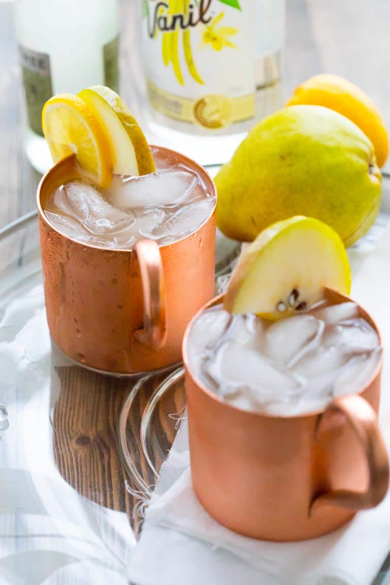 Vanilla Pear Moscow Mules are a fun and festive cocktail for the holidays. Healthy Seasonal Recipes