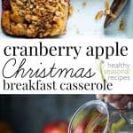 A plate of food on a table, with Apple and Breakfast casserole with text