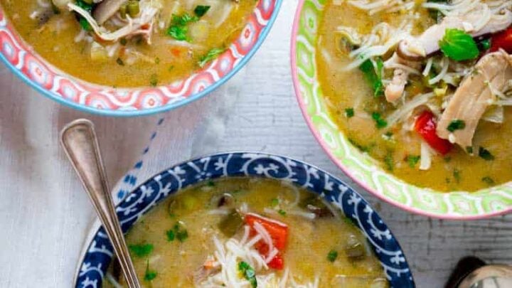 Slow Cooker Chicken Coconut Soup- based on Thai Tom Kha Gai. Made with ingredients you can find at a regular supermarket. Healthy Seasonal Recipes #slowcooker #thai #souprecipe