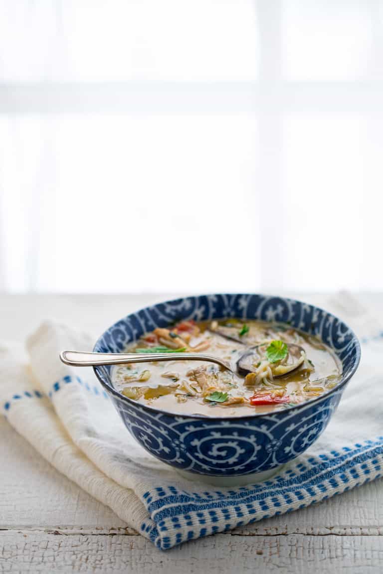 Healthy Chicken Coconut Soup in a bowl with a spoon