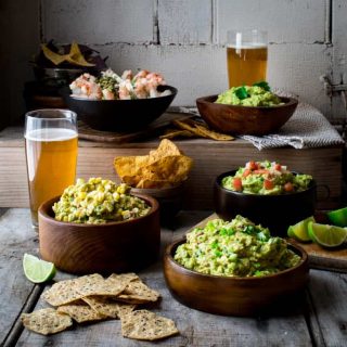 Guacamole 5 ways on Healthy Seasonal Recipes. Classic guacamole, Chunky Pico de Gallo guacamole, Chipotle and Scallion Guacamole, Bacon and Corn Guacamole and Shrimp Cocktail Guacamole. #glutenfree #appetizer #superbowl #cincodemay