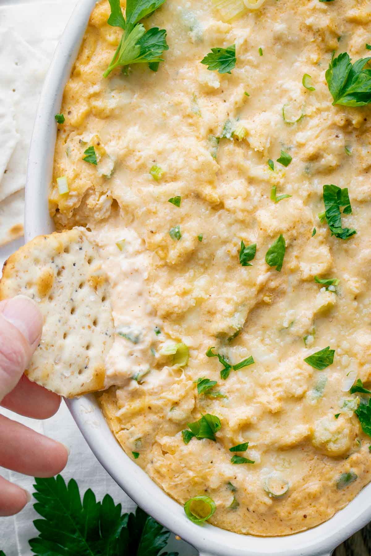 crab dip closeup with a cracker dipping in