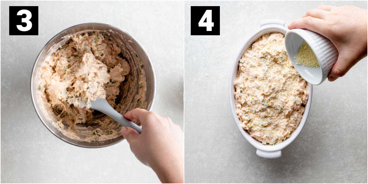 mix the crab in by hand and putting in the baking dish