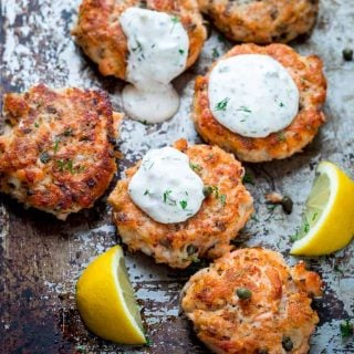 Lemon Caper Salmon Cakes with Light Tartar Sauce