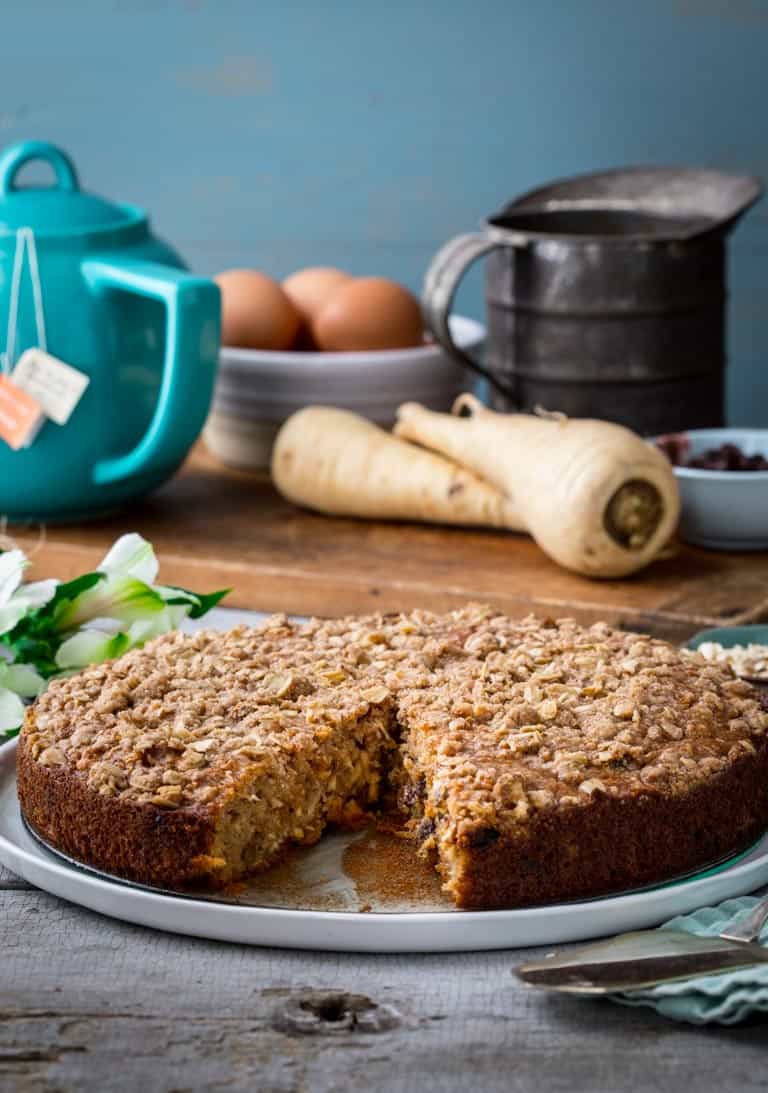 maple coffee cake with slice missing