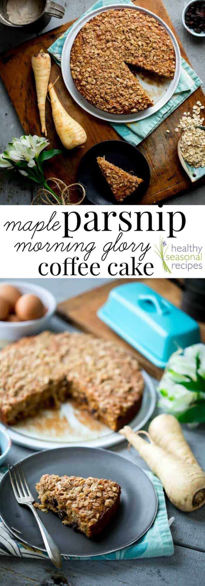 A plate of food with a slice of cake on a table, with Coffee cake and Maple Syrup