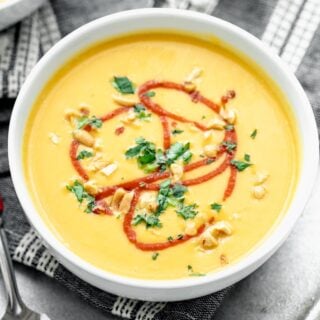close-up of the toppings on a bowl of soup
