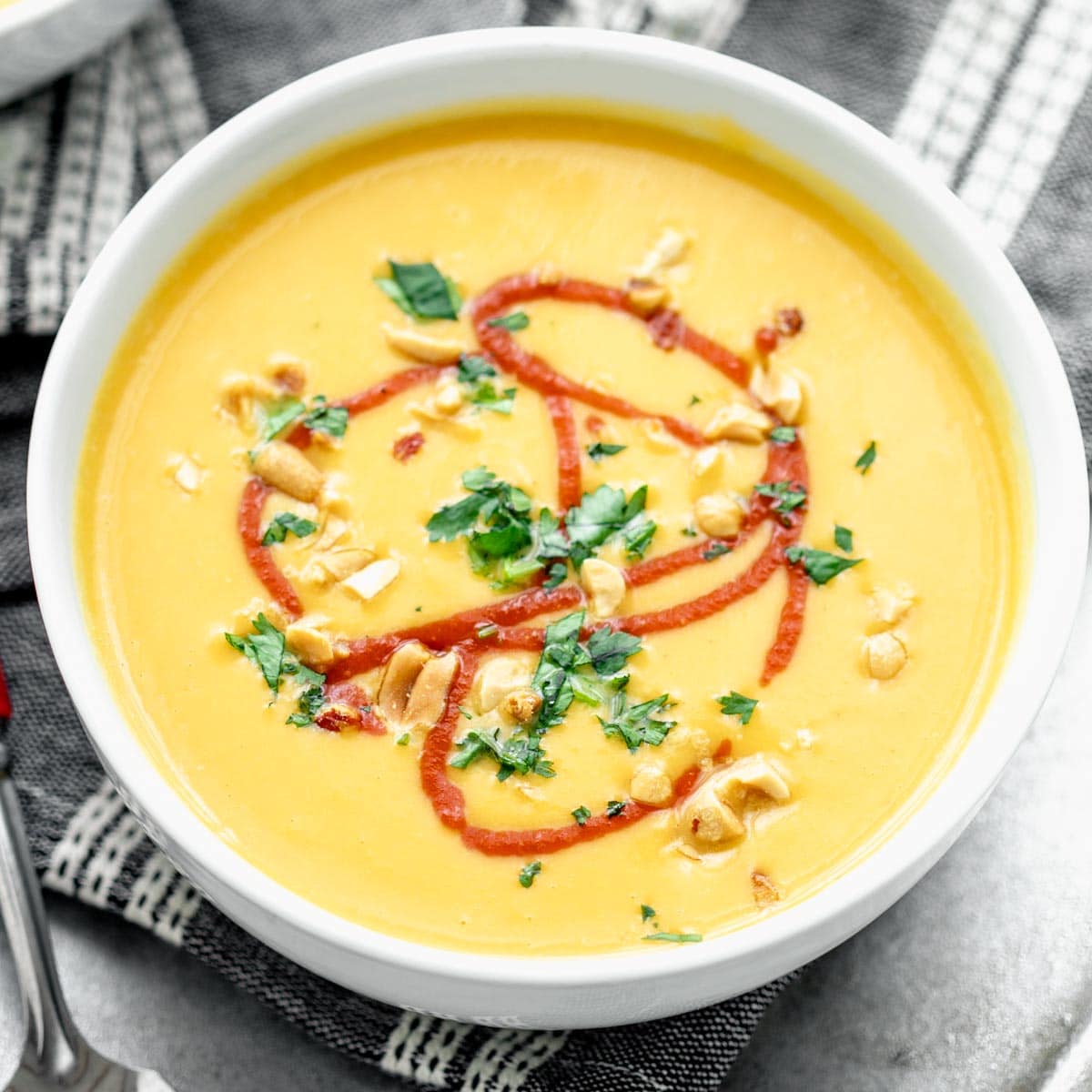 close-up of the toppings on a bowl of soup