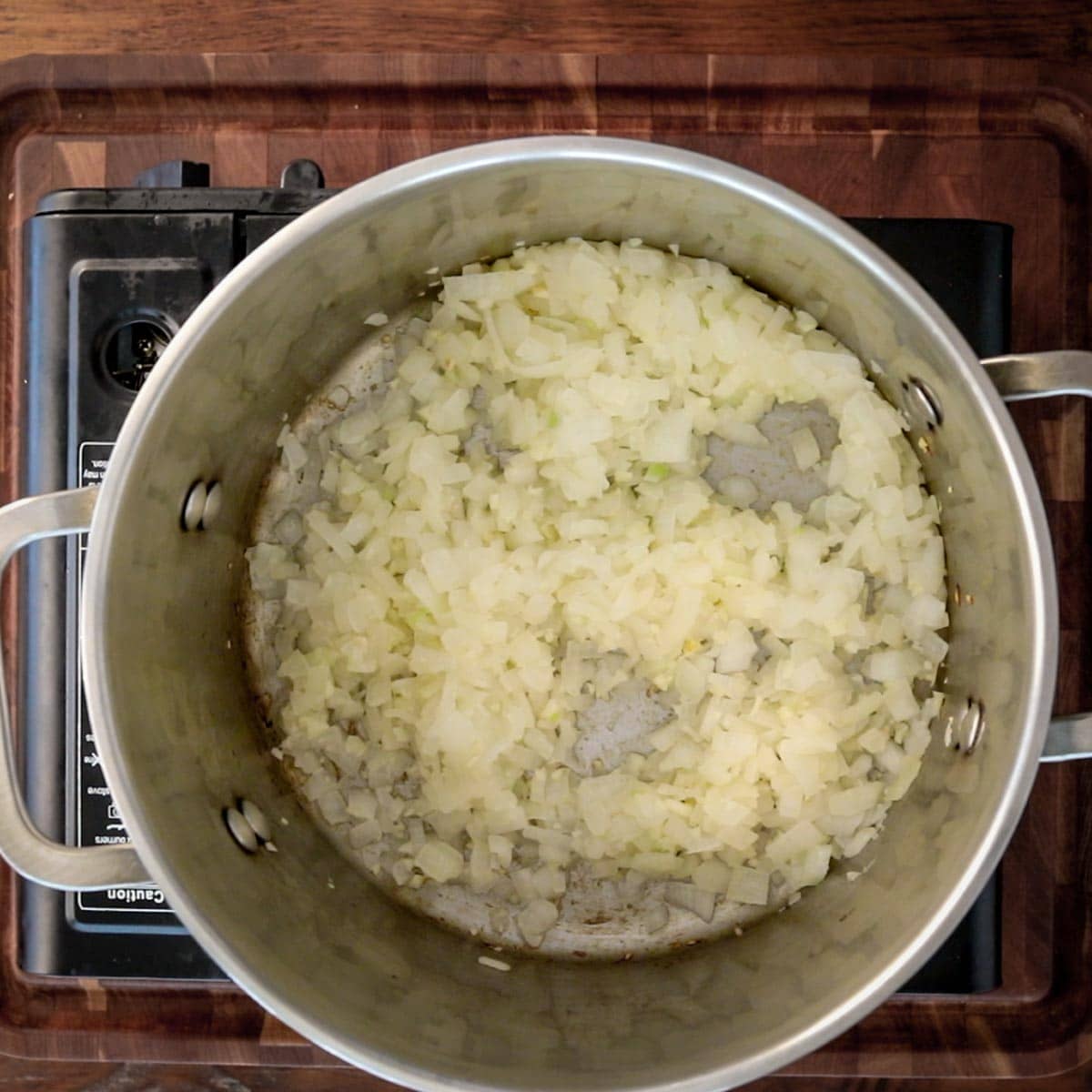the onions and garlic browning in the pot
