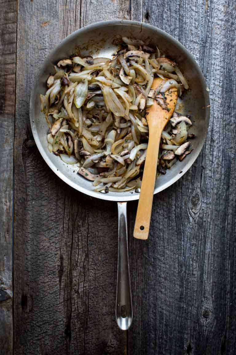 Caramelized Onions and Portabella Mushrooms in a pan