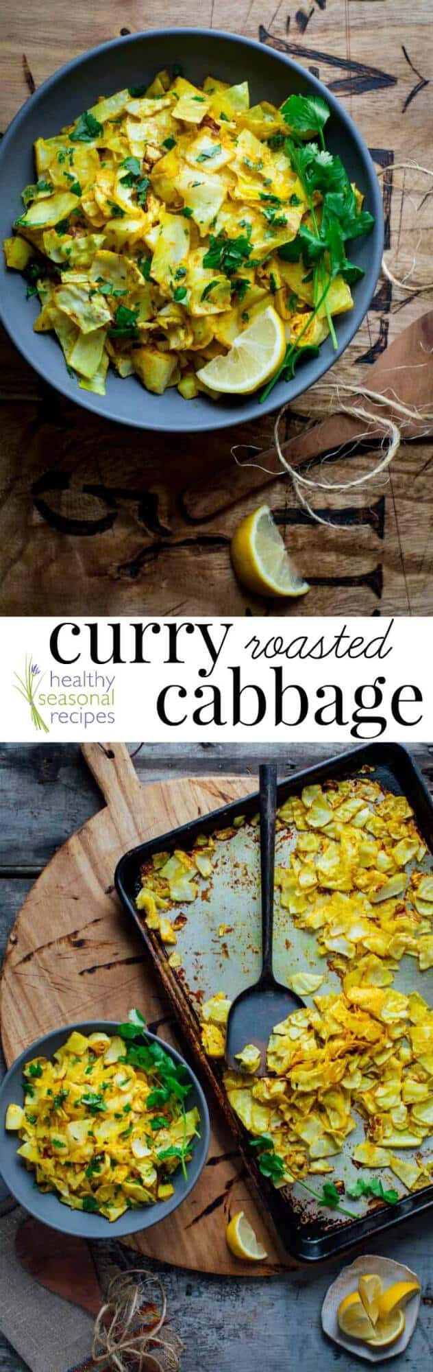 sheet pan with cabbage that is yellow from Curry and lemon wedge with text overlay