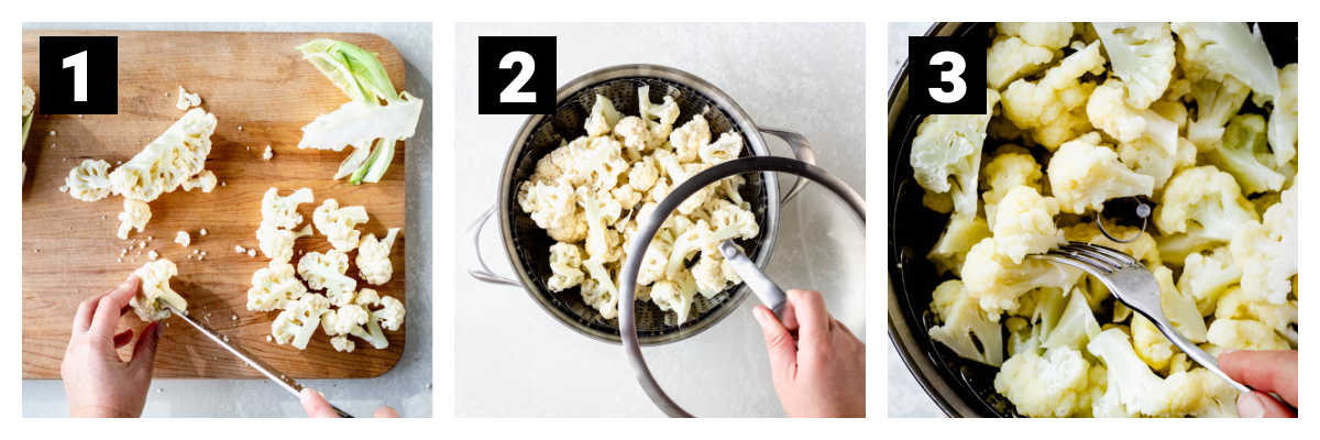 cut, steam cauliflower and check to see if it is done